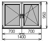 Пластиковое окно двустворчатое 1400х950 мм