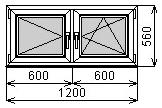 Пластиковое окно двустворчатое 1200х560 мм