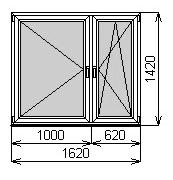 Пластиковое окно двустворчатое 1620х1420 мм
