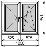 Пластиковое окно двустворчатое 1050х950 мм