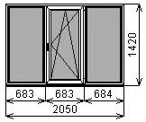 Трехстворчатое окно 2050х1420мм