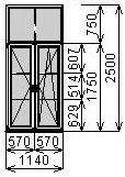 Двустворчатое окно 1140х2500 мм